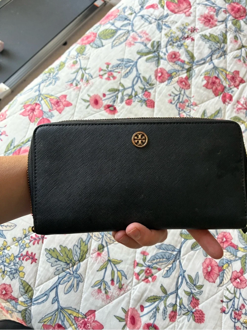 Tory Burch Black Saffiano Leather Zip Wallet with Gold Logo Accent
